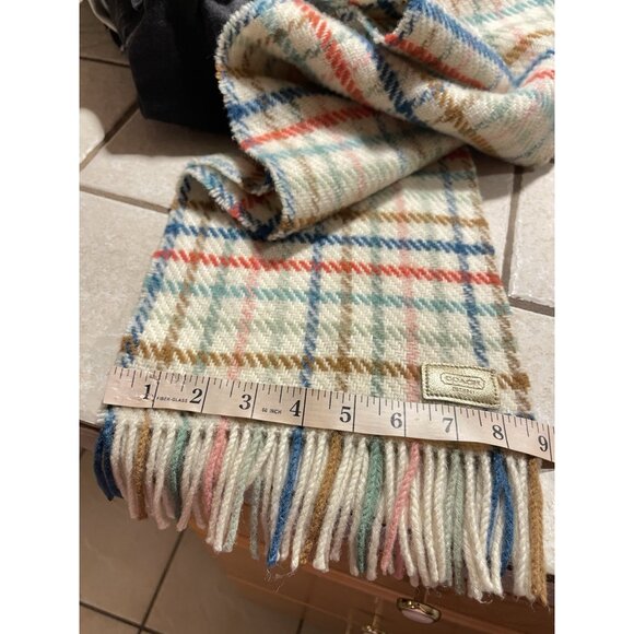 COACH Wool Cashmere Check Pattern Neck Muffler Scarf Self Fringed 9.5" x 65" - Picture 9 of 10